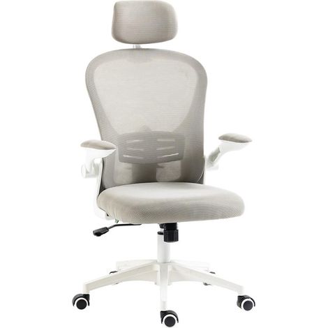 Chaise de bureau grise en maille dossier haut avec soutien lombaire 4D et appui-tête, 120 cm, ergonomique pro