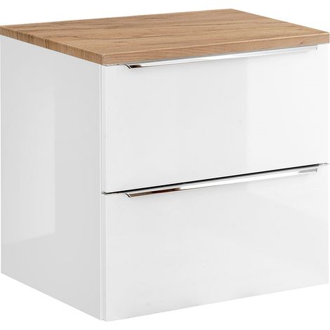 Waschtischunterschrank 61cm mit 2 Auszügen TOSKANA-56 in Hochglanz weiß mit Wotaneiche, B/H/T ca. 61/59,5/46 cm (1/5)
