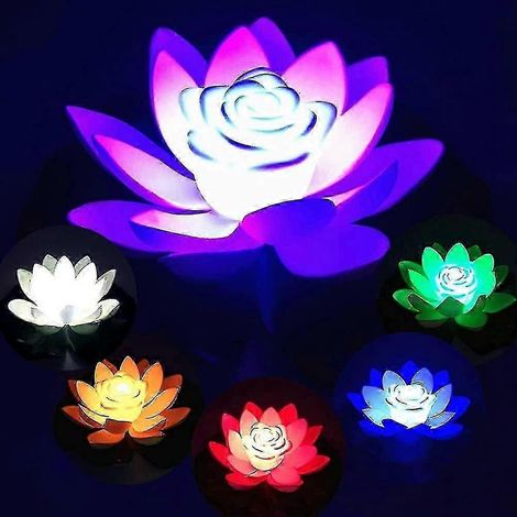 Six nénuphars artificiels flottants avec lumières LED, fleurs de lotus en mousse multicolores, idéales pour la décoration de bassins. (1/5)
