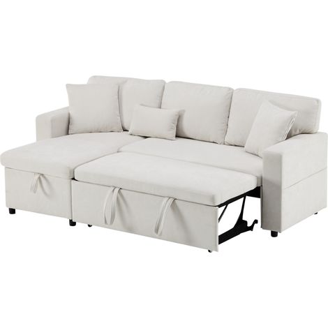 Sofá cama rinconero en L beige de tejido con USB, almacenamiento y 3 cojines (1/5)