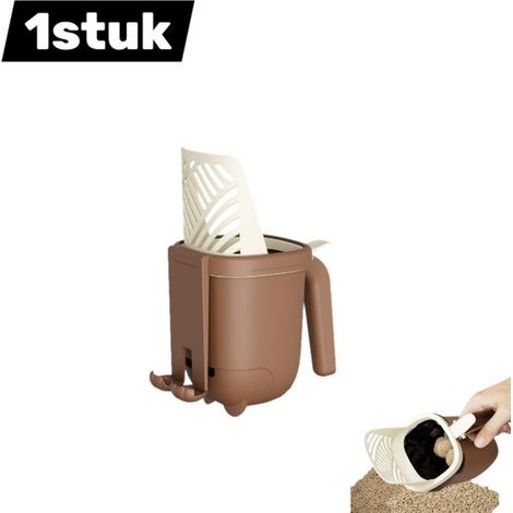 pièce - Pelle à Litière pour chat - Poubelle - Multifonctionnelle - Avec pelle tamis - Grande capacité - Hygiénique et bien rangé - Outil de nettoyage - Brun café (1/5)