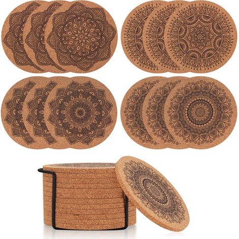 12er Pack Korkuntersetzer, Glasuntersetzer, Kork, 10 cm große Untersetzer, Tassenuntersetzer, wiederverwendbare, saugfähige Untersetzer, Mandala (1/5)
