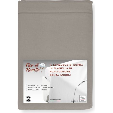 Drap supérieur en flanelle sans coins taupe - pur coton doux   Fabriqué en Italie   Pour matelas maxi et surdimensionnés Cm. 160x300