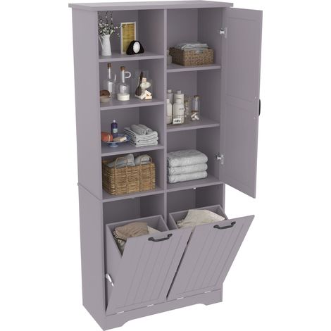 Badezimmerschrank mit 1 Tur, 6 Facher, 2 Waschekorben und Verstellbaren Einlegeboden, aus MDF, Grau, 78×35×172 cm (1/5)