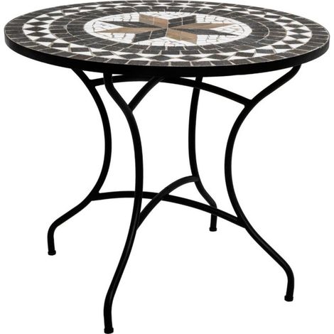 Atmosphera – Table de repas ronde mosaïque 90cm – Plateau en grès et ciment – Design moderne noir – Hauteur 75cm pour salle à manger (1/2)