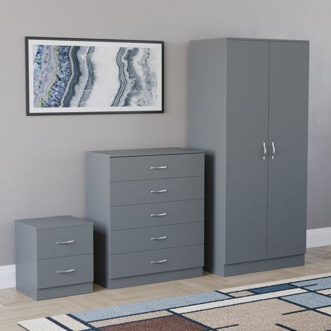 Riano 3 Piece Bedroom Set (2 Drawer Bedside Chest, 5 Drawer Chest, 2 Door Wardrobe), Grey (1/5)