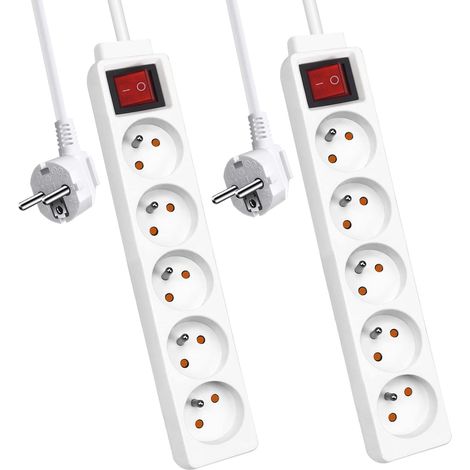 Lot de 2 Multiprise 5 Prises Interrupteur, Câble H05VV-F 1.5M, Protection Enfant, Blanc (1/5)