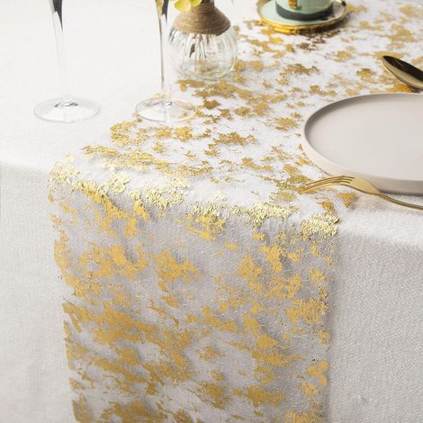 Chemin de Table Filet avec Feuille d'or 28cmx15m, Ruban de Table Métallisé, Décoration pour Fête, Anniversaire, Mariage, Noël, DIY, Emballage (Or, 15m) (1/5)