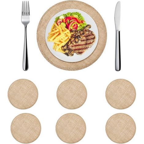 Lot de 6 sets de table ronds en toile de jute de 32 cm, faciles d'entretien, lavables, pour cuisine, table à manger, décoration de fête (1/5)