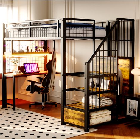 DESVIAE Lit mezzanine métal 90 x 200 cm avec bureau étagères bande lumineuse prises escalier de rangement penderie simple grille murale noir (1/5)