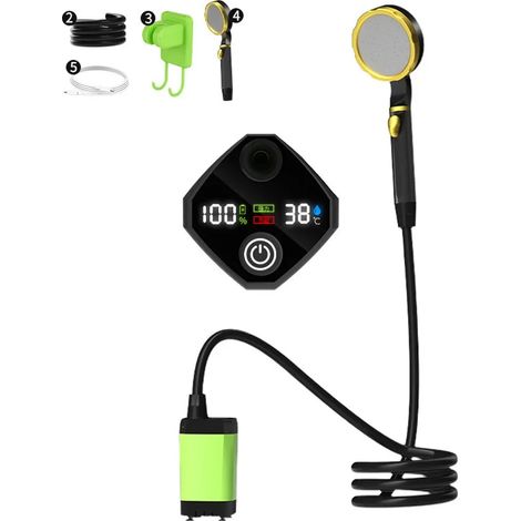Pompe de douche électrique portable rechargeable (verte, 9000 mAh) pour camping en extérieur, avec affichage numérique intelligent. (1/4)
