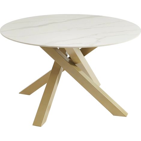 Table à manger ronde 4 personnes en céramique et métal doré - Effet marbre blanc - LENUMIA de Pascal Morabito (1/4)