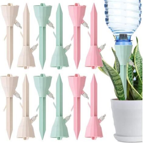 12 Embouts D'arrosage Goutte à Goutte - Pour Bouteilles En Plastique - Contrôle Réglable De Débit - Pour Plantes Intérieures Et Extérieures - ABS Blanc Vert Rose (1/4)