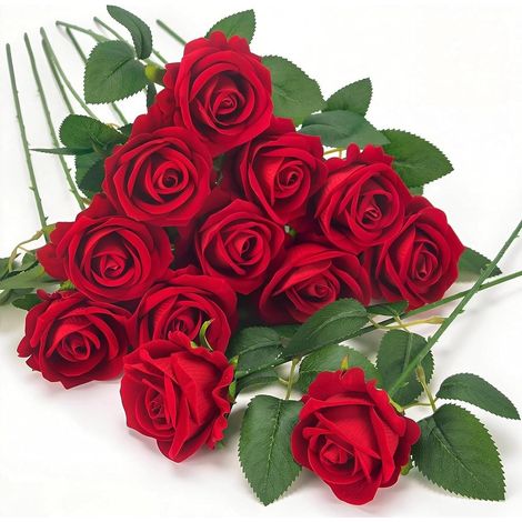 12 Pièces Roses Artificielles Rose, en Rouge Faux Roses avec Tiges, Rose Artificielle, pour Bouquet de Mariée, Décoration de Fête à la Maison, Hôtel, Jardin (Rouge) (1/5)