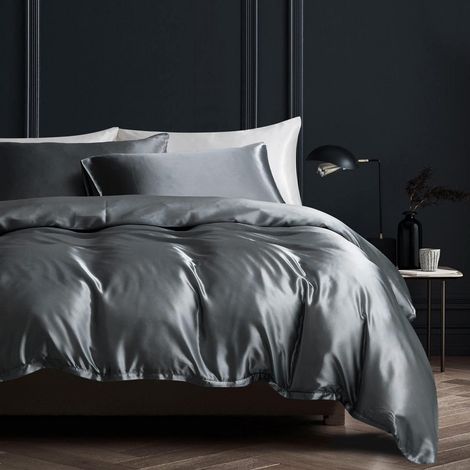 Bettwäsche-Set 3-teilig Mikrofaser-Satin Dunkelgrau 200x220cm mit Reißverschluss