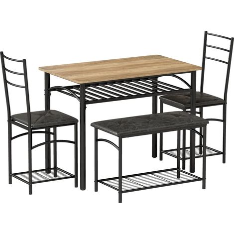 Set da pranzo industriale 4 pezzi con tavolo, 2 sedie e panca, marrone e nero (1/5)