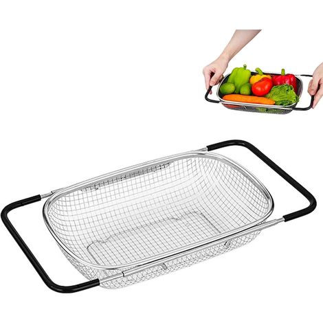 Colador de fregadero de acero inoxidable - Expandible - 27,5 x 19 x 7 cm - Con cesta fina y mango de goma - Colador de cocina universal para filtrar, escurrir y lavar fruta, (1/5)