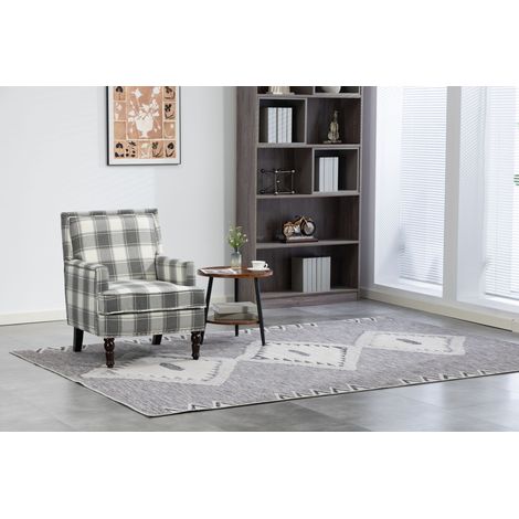 Fauteuil vintage S001 en lin gris et blanc à rayures, avec clous décoratifs, idéal pour salon et séjour. (1/5)
