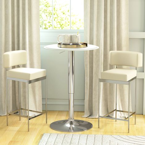Table de pu blanc bar table bistro mange-debout hauteur réglable ø plateau pivotant 360° métal chromé 67-93 cm 63 cm design moderne