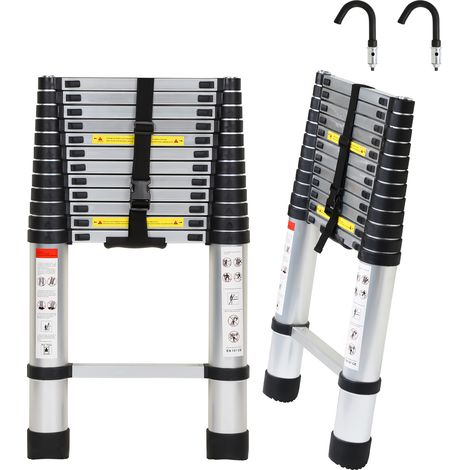 SWANEW Teleskopleiter Alu Leichtgewicht Rutschfester 3,8m Silber + Haken Multifunktionsleiter Mehrzweckleiter Ausziehbare Leiter 15 Stufe Stehleiter aus Hochwertigem Aluminium Belastbarkeit 150KG