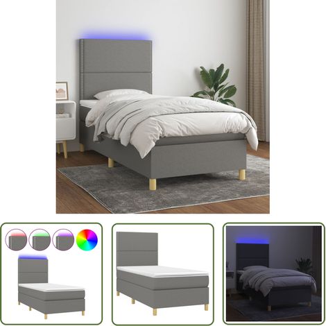 The Living Store Sommier à lattes de lit avec matelas et LED Gris foncé 90x190cm - Sommier Tapissier - Lit Plateforme - Lit Avec Led - Matelas À Ressorts Ensachés - Têted Lit Ajustable (1/5)