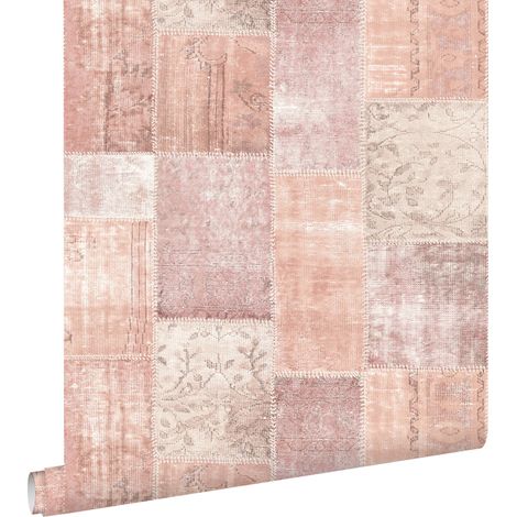papier peint tapis patchwork kilim oriental rose orange pêche - ESTAhome (1/5)