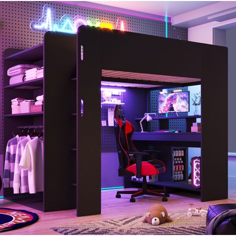 Cama alta gaming 140 x 200 cm con escritorio, armario, LED y USB, negra (1/5)