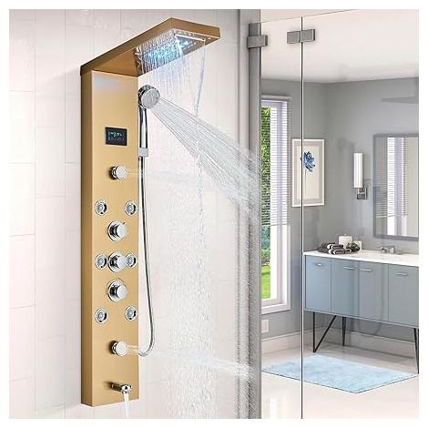 Colonne d'hydromassage, panneau de douche moderne en acier inoxydable avec 5 jets d'eau, éclairage LED, robinet de baignoire, buses de massage, finition or (1/5)