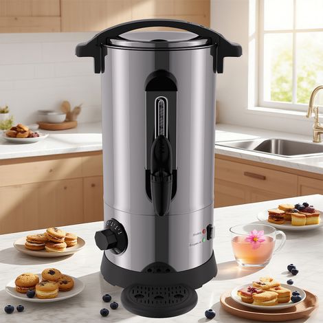 Randaco Glühweinkocher 1500 W Heißgetränkespender 10 L mit Auffangschale, Auslasshahn, Thermostat und Überhitzungsschutz Temperatureinstellung von 30-110°C, silber (1/5)