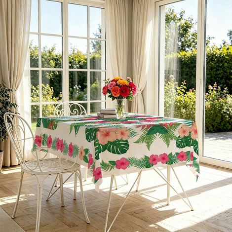 Nappe rectangulaire à motif floral tropical (1 pièce), nappe légère pour table de fête sur le thème de l'été et des tropiques. (1/4)