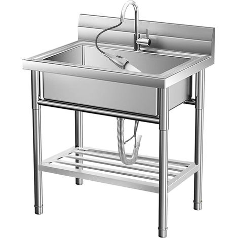 Évier Cuisine Utilitaire Commercial en Acier Inoxydable, Petit Évier Autoportant à Cuve Simple avec Robinet, pour Garage, Restaurant, Blanchisserie, Cuisine, Salle de Bain 50x50x86cm