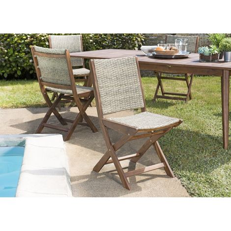 VICK - Ensemble de 2 chaises de jardin pliantes bois Acacia et rotin (1/5)
