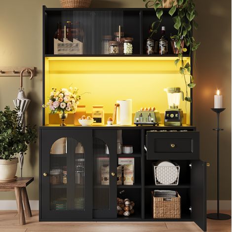 Buffet de cuisine 120x35x167 cm noir en MDF et panneaux de particules avec LED et étagères réglables (1/5)