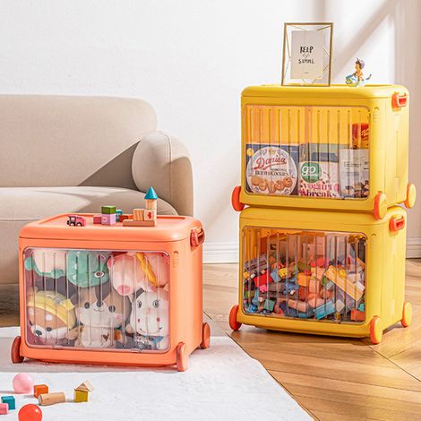 Coffre à jouets pour enfants, organiseur pliable pour la maison, organiseur portable pour livres et goûters, boîte de rangement transparente à roulettes, orange-rouge (1/4)