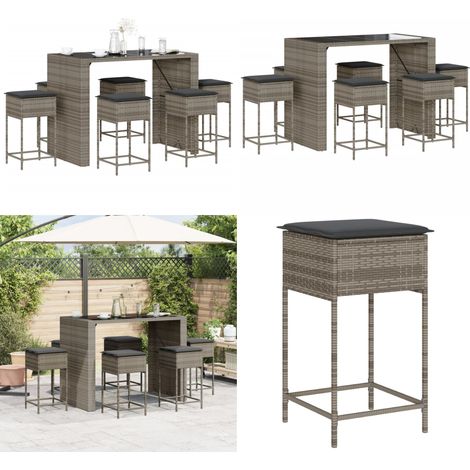 7-tlg. Gartenbar-Set mit Kissen Grau Poly Rattan - Gartenmöbel - Outdoor Möbel - Esstisch - Barhocker - Lounge Set - Home & Living (1/5)