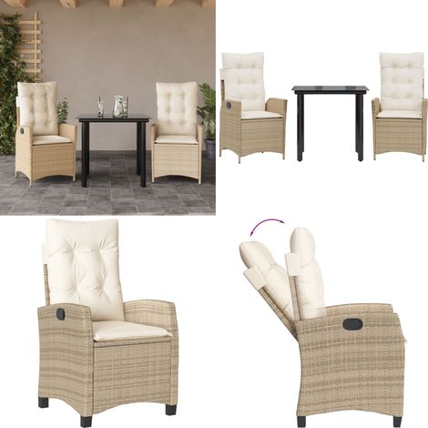 3-tlg. Garten-Essgruppe mit Kissen Beige Poly Rattan - Gartenstuhl - Gartentisch (1/5)