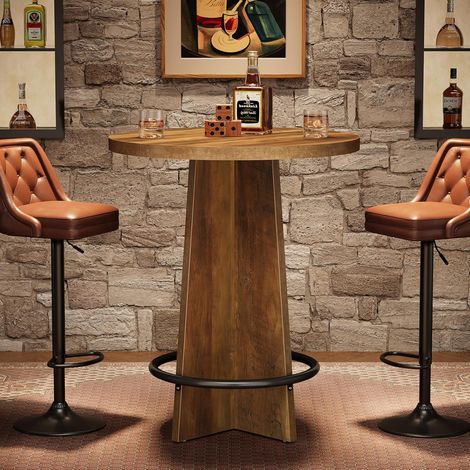 Tribesigns Round Bar Table, 37.4'' Tall Wooden Bistro Pub Table with Base and Metal Ring Footrest for Coffee House, Home, Small Space, Brown(Only Table) (1/5)