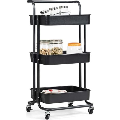 Ortviai – Desserte de rangement à 3 plateaux sur roulettes – chariot mobile avec poignée, plateaux ajourés – compatible cuisine, salle de bains, bureau et buanderie (1/5)