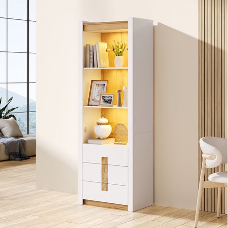 MODFU – Mobile vetrina 63x41,5x200 cm in truciolato con 3 cassetti, 3 nicchie, LED Bluetooth e carico 60 kg – Bianco opaco (1/5)