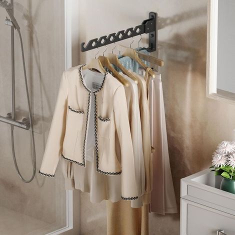 Porte-cintres mural rétractable en aluminium noir, organisateur de séchage pliable pour vêtements, gain de place pour buanderie ou chambre, 1 pièce.
