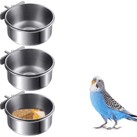 Set di 3 ciotole in acciaio inox per acqua e cibo per uccelli, con clip, ideali per mangiatoie da gabbia per pappagalli, calopsitte, criceti, gatti e piccoli animali. (1/4)