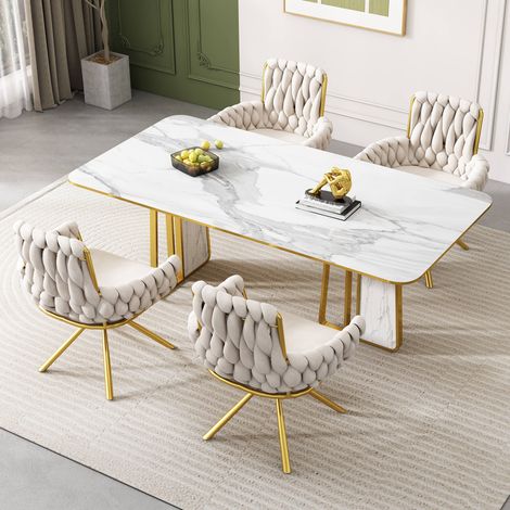 Set of 4, Velvet Dining Chair, Armchair, Single Luxurious Living Room and Bedroom Swivel Chair, Leisure Swivel Chair with Four Metal Support Legs, Beige (1/5)