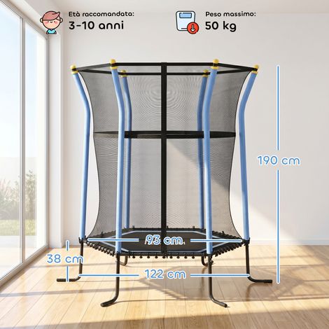 Trampoline pour enfants avec fermeture éclair et barres rembourrées, en acier, PP et EPE, 122 x 111 x 190 cm, bleu (1/5)