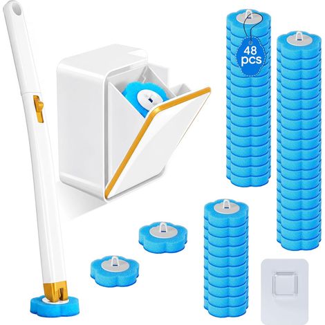 Recambio desechable para cepillo de inodoro, 48 cabezales, cepillo de inodoro colgante, soporte de pared para limpiador de inodoro con asas de repuesto, base y ganchos de pared para inodoro de baño, a (1/5)
