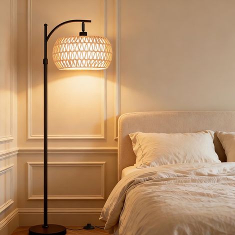 Lampadaire LED à intensité variable, culot E27, lampadaire en rotin, lampe de chevet, lampe de lecture, luminaire décoratif (1/5)