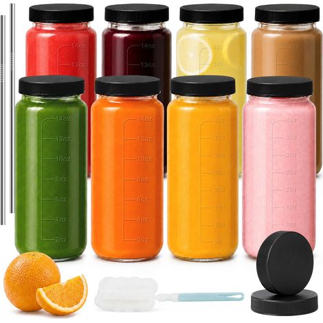 Lot de 8 bouteilles en verre de 500 ml, avec couvercles, pailles, pour smoothies de 16 oz, réutilisables, en verre à remplir, passe au lave-vaisselle, résistant au réfrigérateur (1/5)