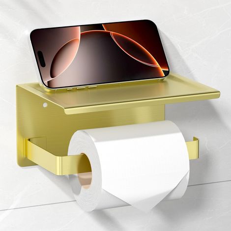Porte Papier Toilette sans Percage Laiton Brossé, Auto-adhésif avec Tablette Porte Rouleau Papier Toilette, Acier Inoxydable Support Papier Toilette Mural pour Salle de Bain, WC Accessoires (1/5)