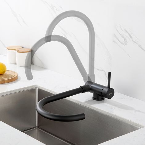 Lonheo Robinet de Cuisine Rabattable Noir  Mitigeur Cuisine Pivotant à 360° avec Poignée Pliable Contre Fenêtre, Robinet Mitigeur Evier Acier Inox Eau Chaude et Froide pour Cuisine (1/5)