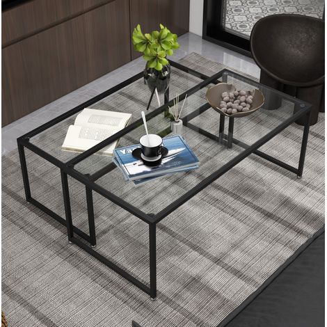 Table basse 2 pièces 119x56x44,5 cm transparente en verre et acier avec rangement empilable (1/5)