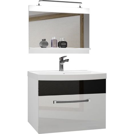 BELINI Meuble de Salle de Bain Lavabo Inclus, Meuble sous-Vasque et Miroir de Salle de Bains Largeur: 60 cm Kit d'éclairage Inclus Couleur : Blanc très Brillant/Noir très Brillant (1/4)